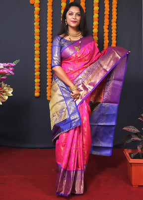 Pink Kanchipuram Silk Saree With Blouse Piece