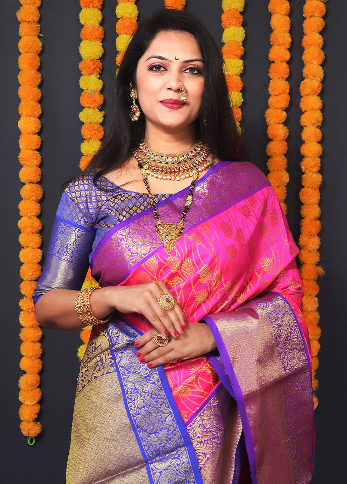 Pink Kanchipuram Silk Saree With Blouse Piece