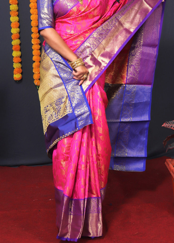 Pink Kanchipuram Silk Saree With Blouse Piece