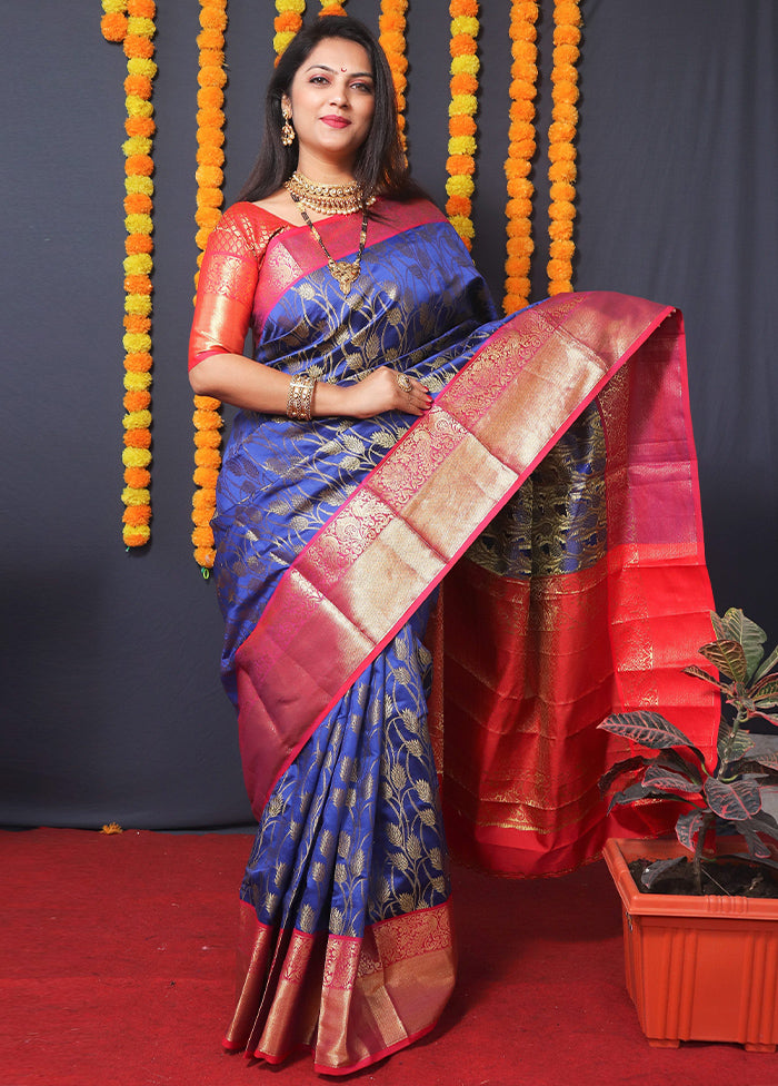 Blue Kanchipuram Silk Saree With Blouse Piece