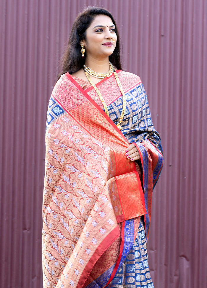 Blue Kanchipuram Silk Saree With Blouse Piece