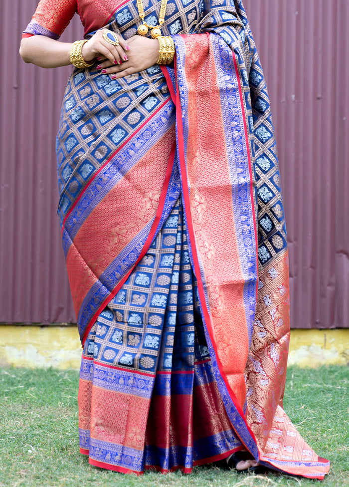 Blue Kanchipuram Silk Saree With Blouse Piece