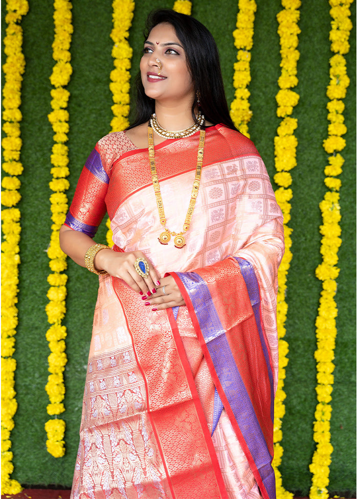 Peach Kanchipuram Silk Saree With Blouse Piece