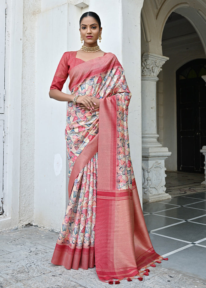 Peach Tussar Silk Saree With Blouse Piece