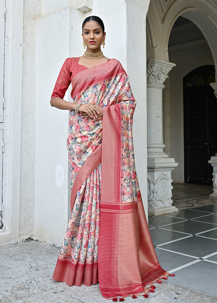 Peach Tussar Silk Saree With Blouse Piece