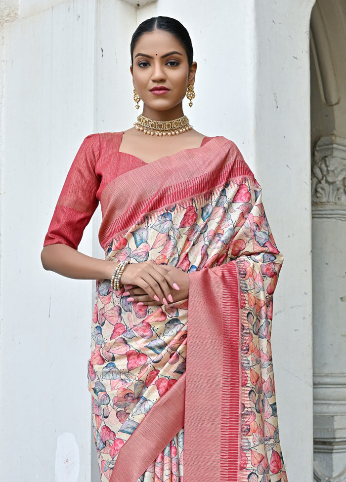 Peach Tussar Silk Saree With Blouse Piece