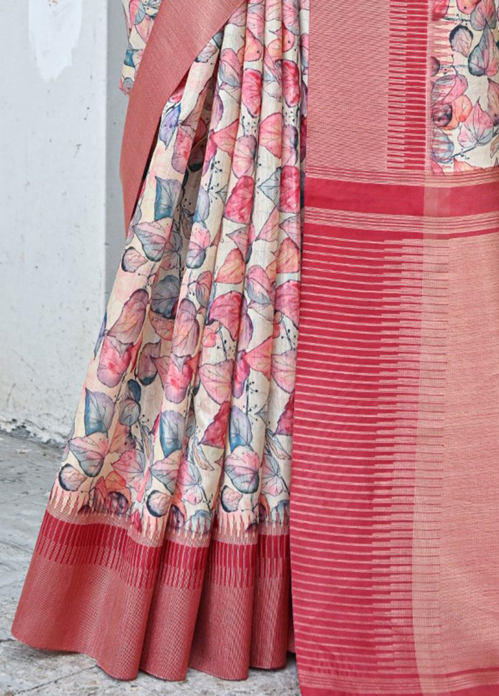 Peach Tussar Silk Saree With Blouse Piece