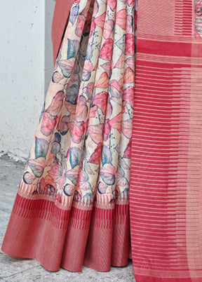 Peach Tussar Silk Saree With Blouse Piece