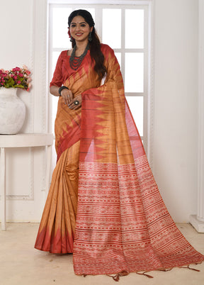 Mustard Tussar Silk Saree With Blouse Piece