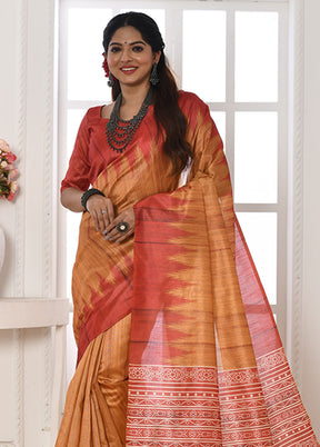 Mustard Tussar Silk Saree With Blouse Piece