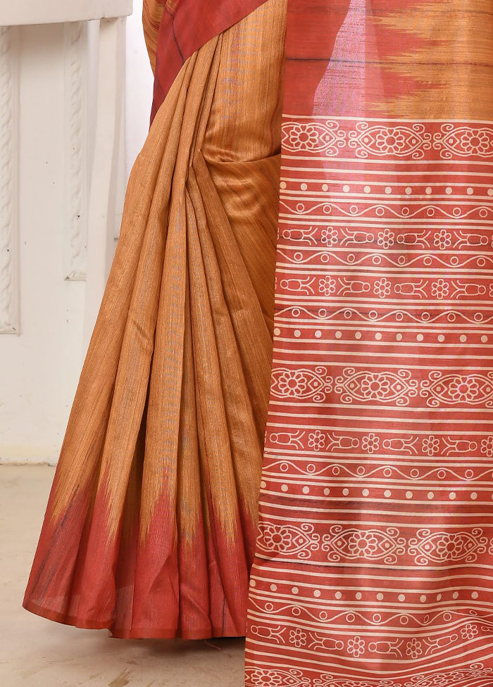 Mustard Tussar Silk Saree With Blouse Piece