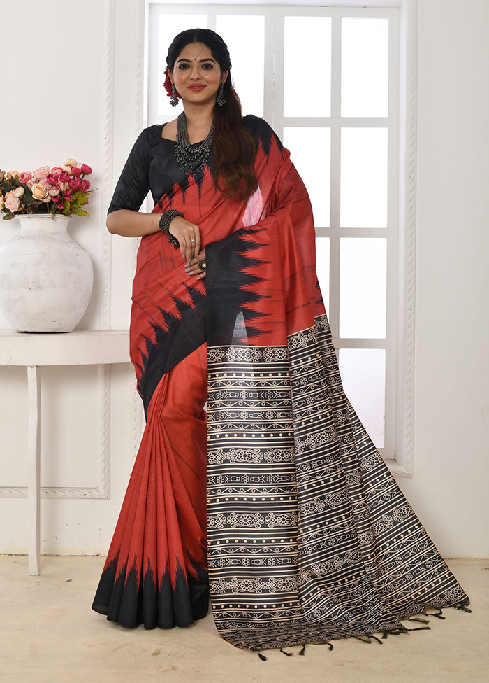 Red Tussar Silk Saree With Blouse Piece