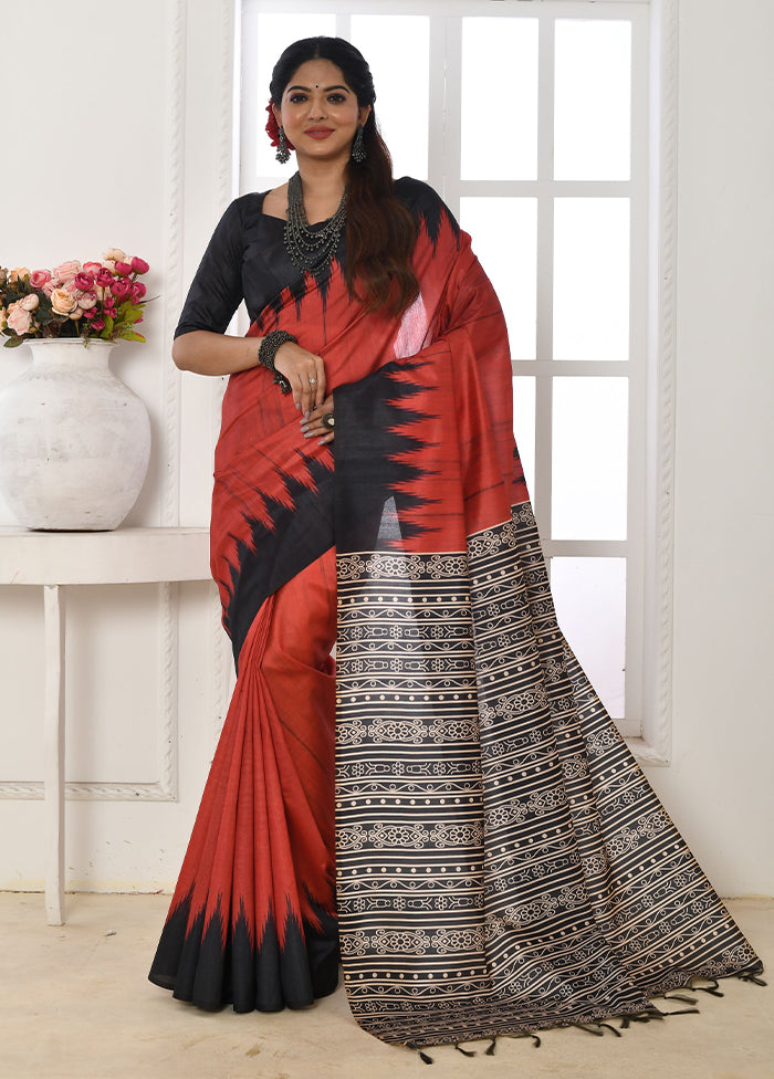 Red Tussar Silk Saree With Blouse Piece