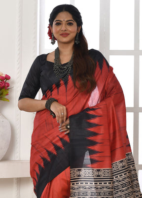 Red Tussar Silk Saree With Blouse Piece