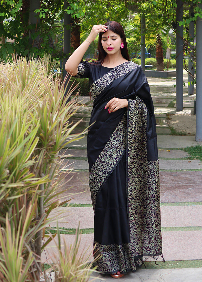 Black Spun Silk Saree With Blouse Piece