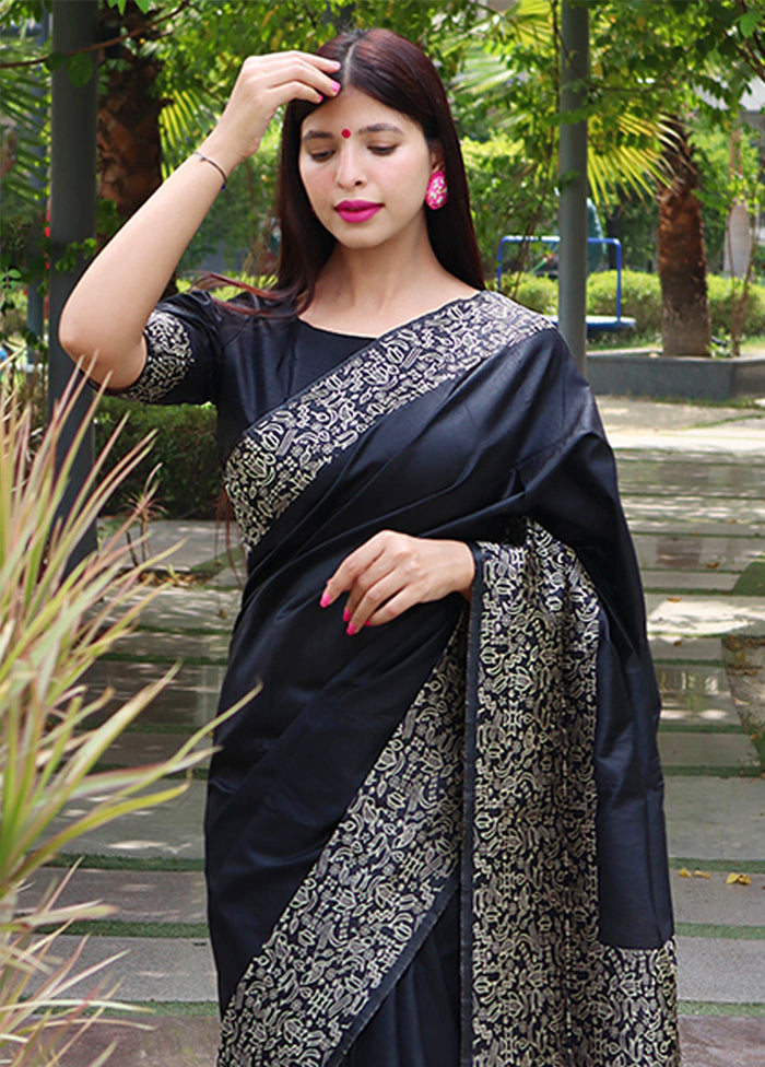 Black Spun Silk Saree With Blouse Piece