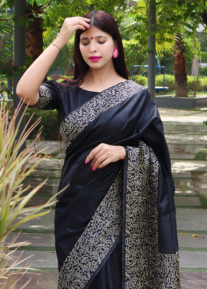 Black Spun Silk Saree With Blouse Piece