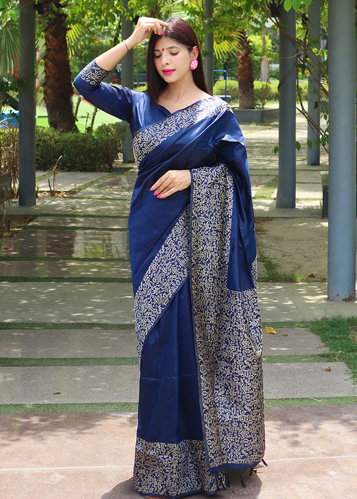 Blue Spun Silk Saree With Blouse Piece