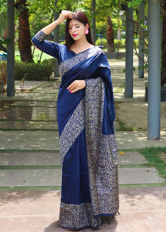 Blue Spun Silk Saree With Blouse Piece