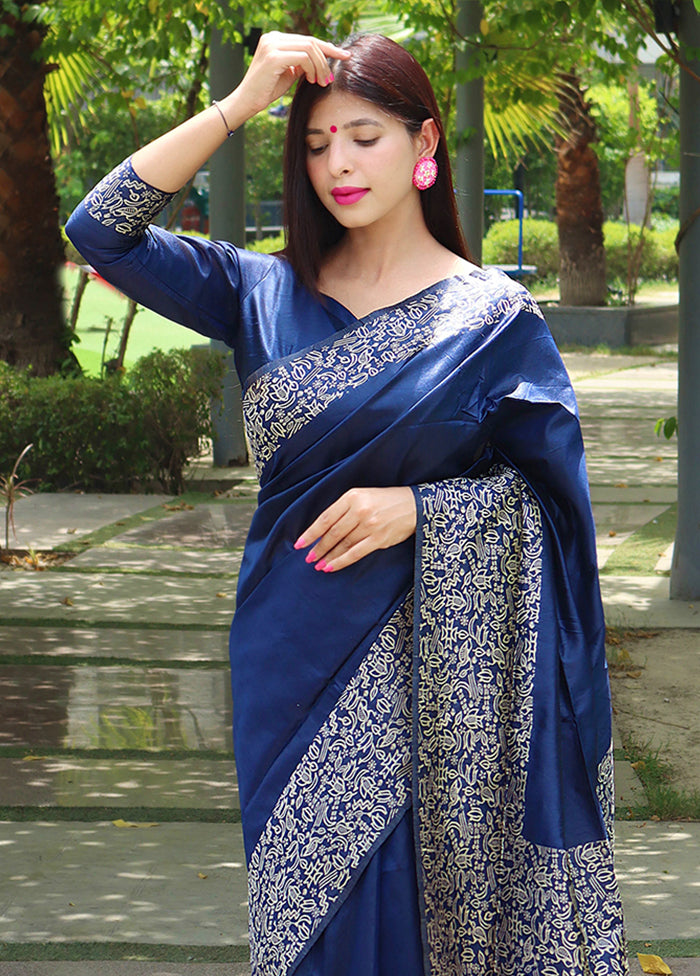 Blue Spun Silk Saree With Blouse Piece