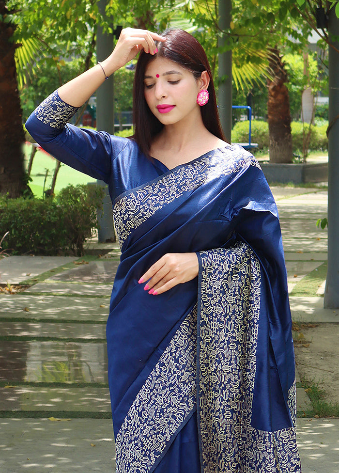 Blue Spun Silk Saree With Blouse Piece