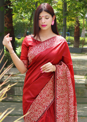 Red Spun Silk Saree With Blouse Piece