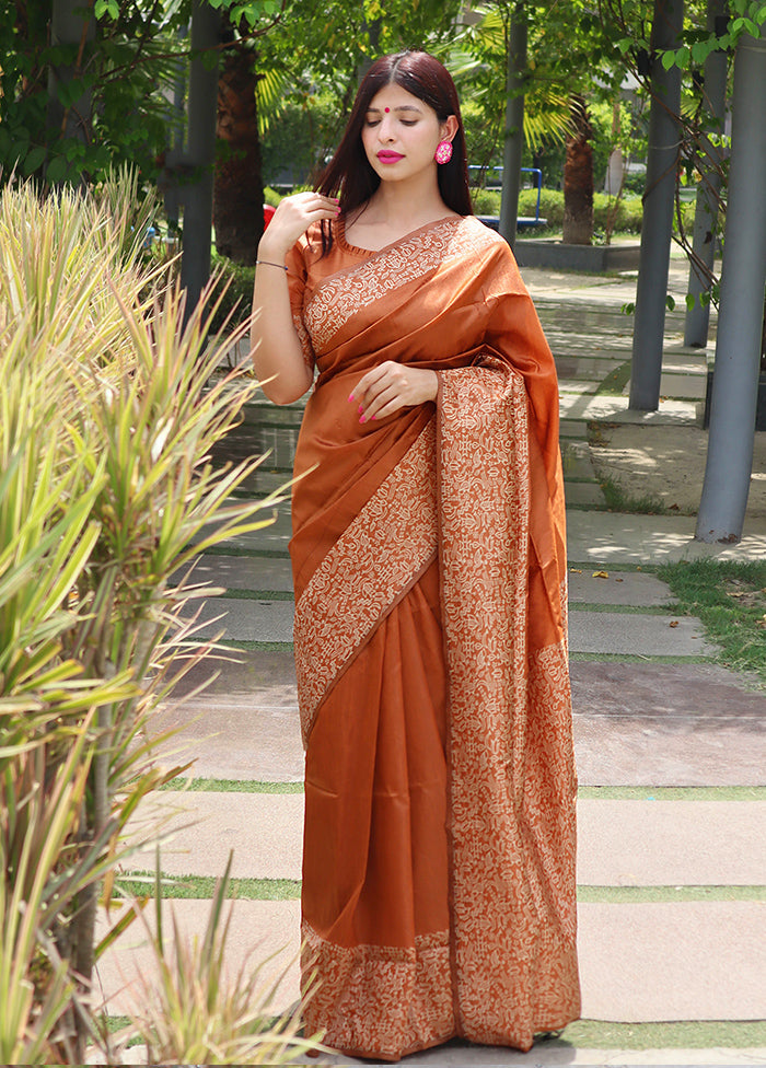 Orange Spun Silk Saree With Blouse Piece