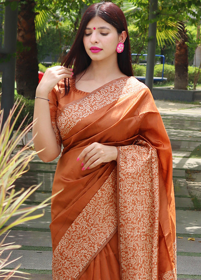 Orange Spun Silk Saree With Blouse Piece