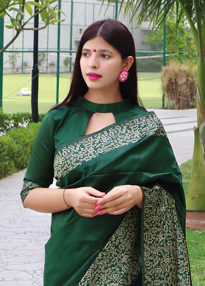 Green Spun Silk Saree With Blouse Piece