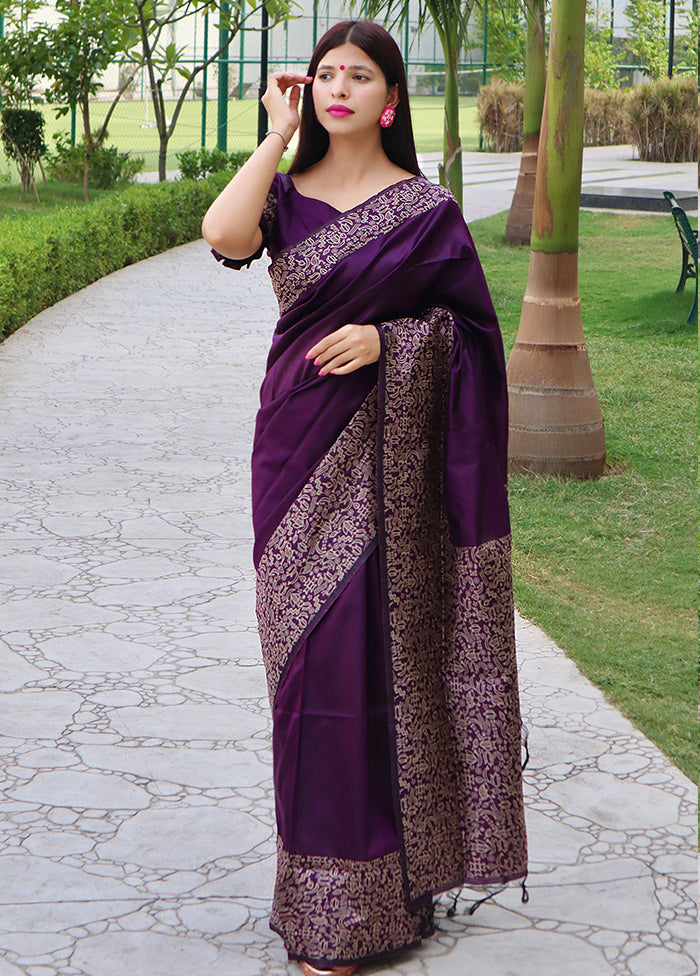 Purple Spun Silk Saree With Blouse Piece