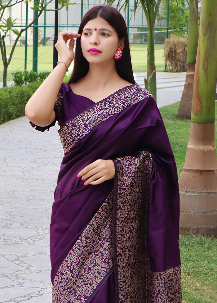 Purple Spun Silk Saree With Blouse Piece