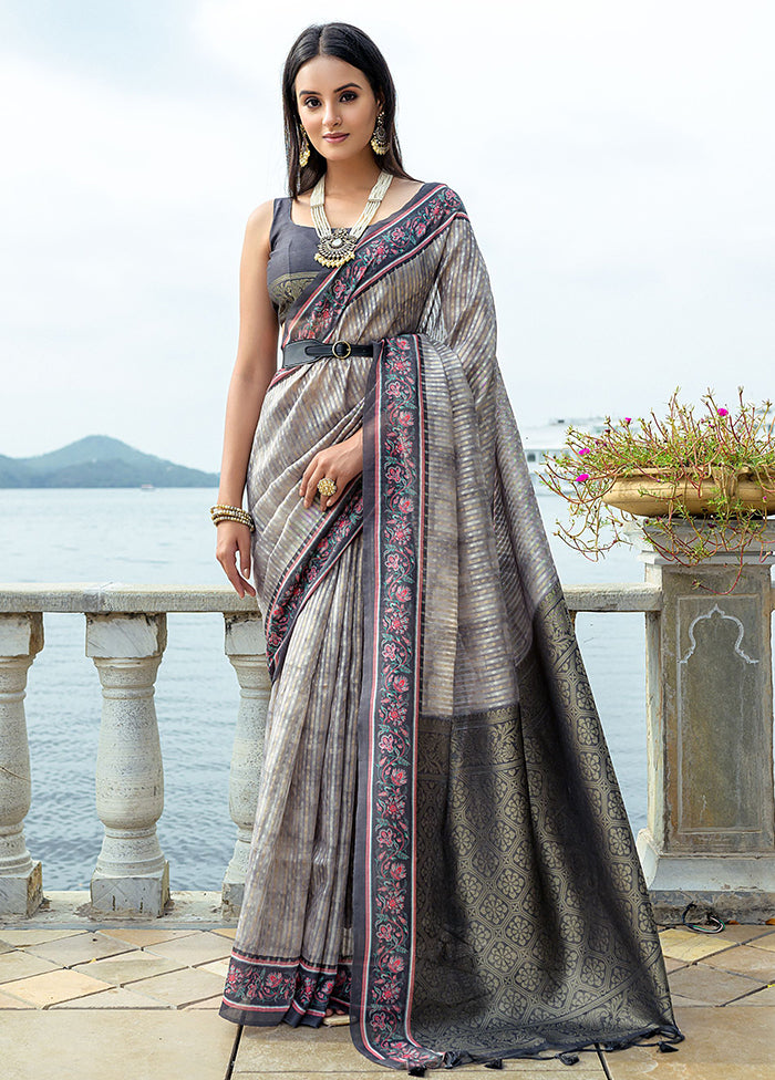 Grey Spun Silk Saree With Blouse Piece