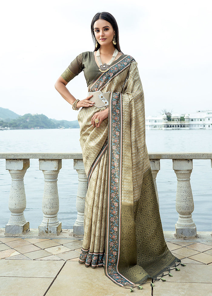 Mehendi Spun Silk Saree With Blouse Piece