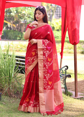 Red Linen Silk Saree With Blouse Piece