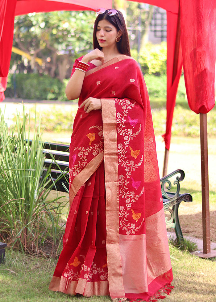 Red Linen Silk Saree With Blouse Piece