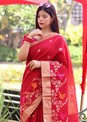 Red Linen Silk Saree With Blouse Piece