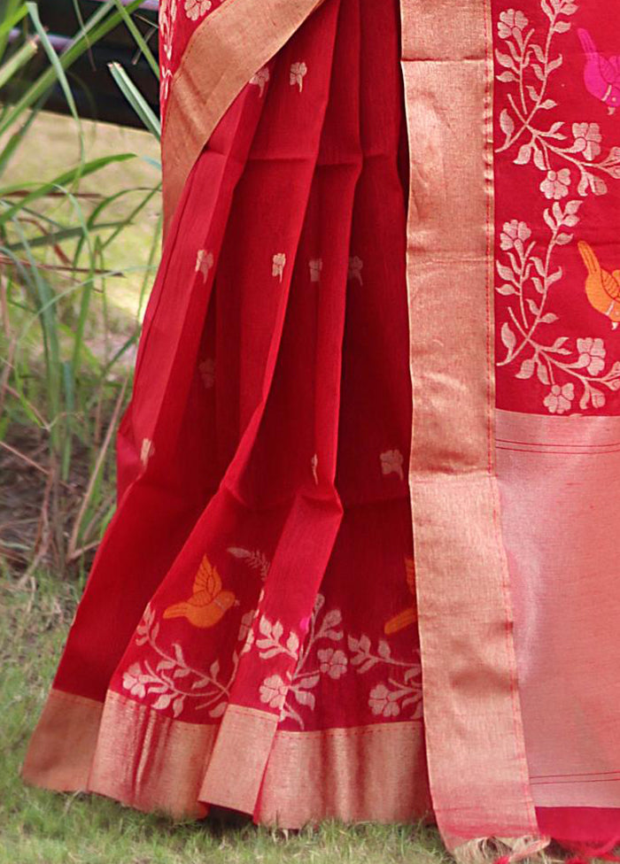 Red Linen Silk Saree With Blouse Piece