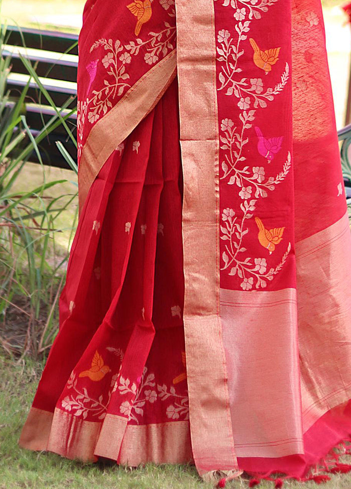 Red Linen Silk Saree With Blouse Piece