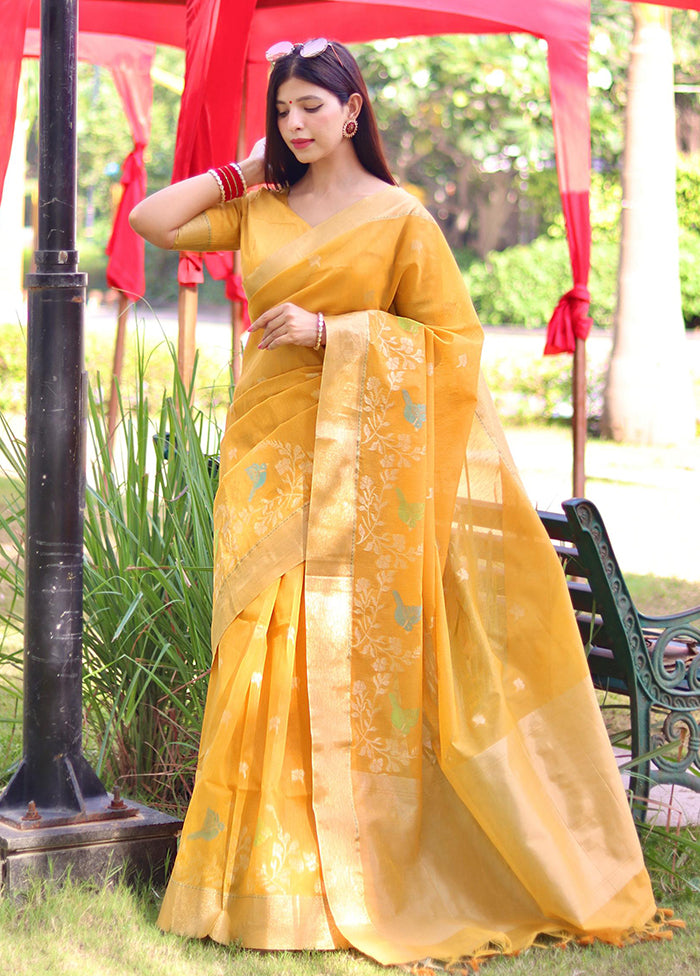 Yellow Linen Silk Saree With Blouse Piece