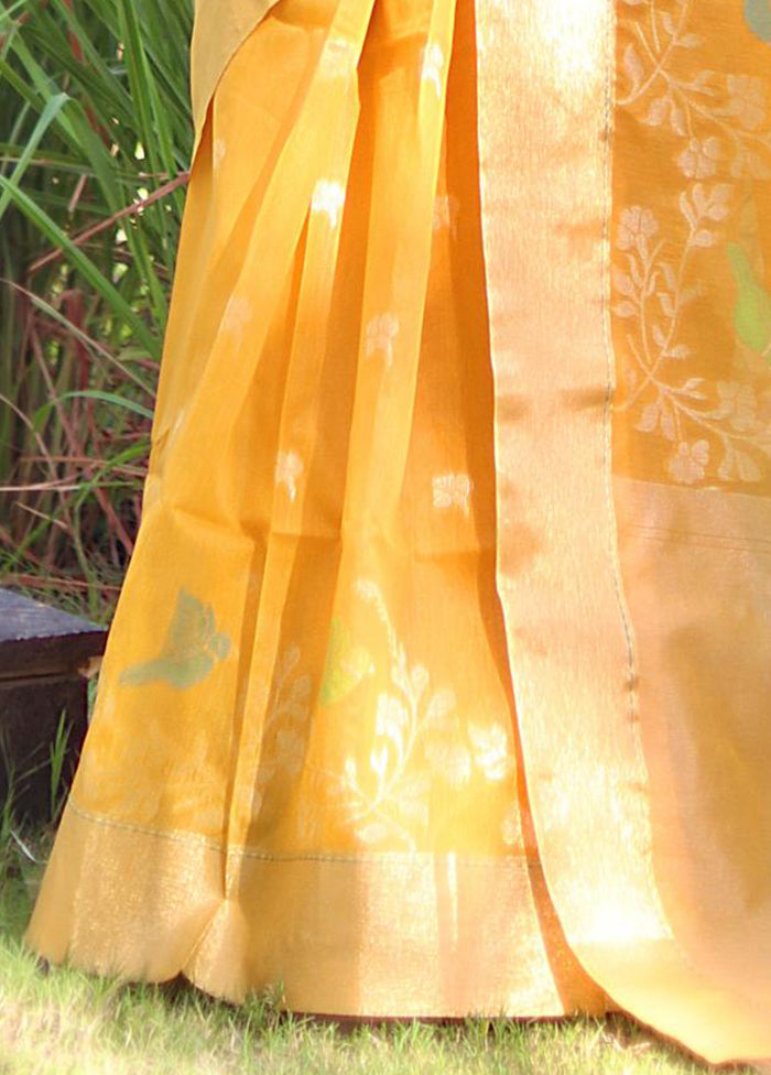 Yellow Linen Silk Saree With Blouse Piece