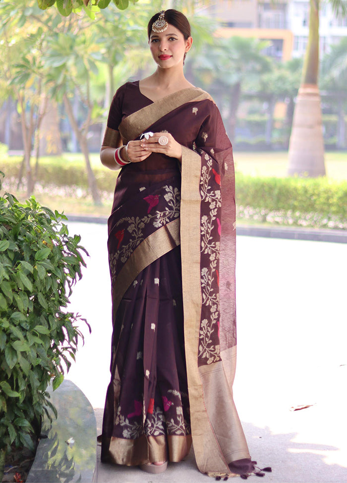 Coffee Linen Silk Saree With Blouse Piece