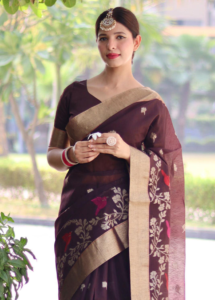 Coffee Linen Silk Saree With Blouse Piece