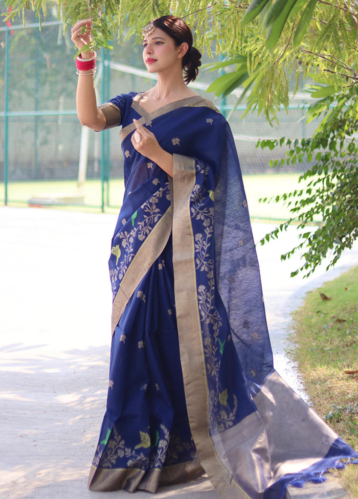 Blue Linen Silk Saree With Blouse Piece