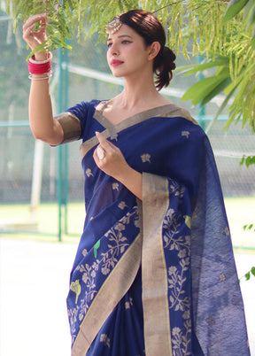 Blue Linen Silk Saree With Blouse Piece