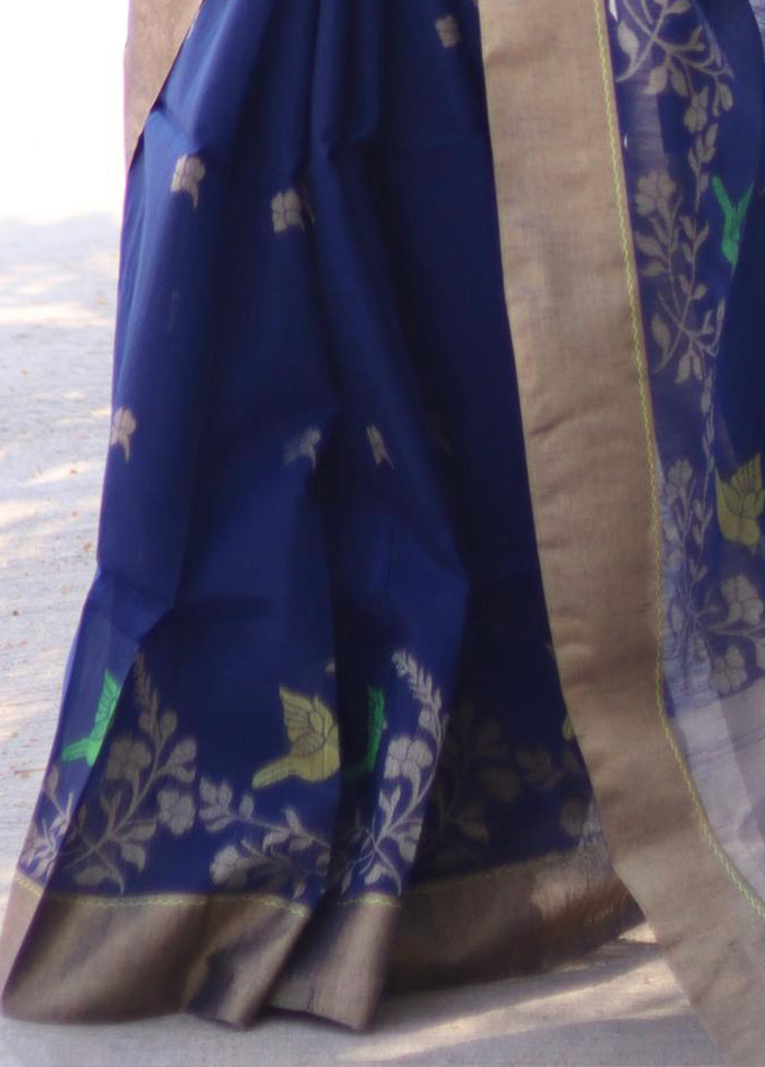 Blue Linen Silk Saree With Blouse Piece