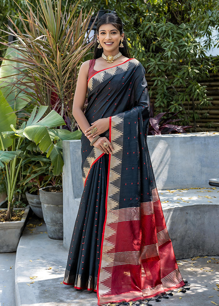 Black Tussar Silk Saree With Blouse Piece