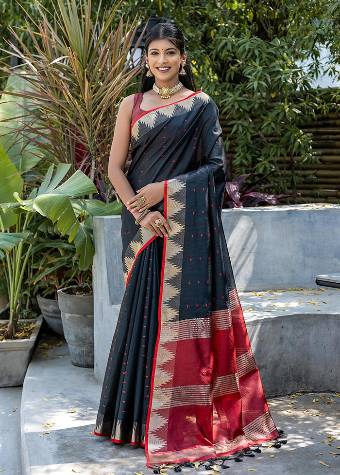 Black Tussar Silk Saree With Blouse Piece