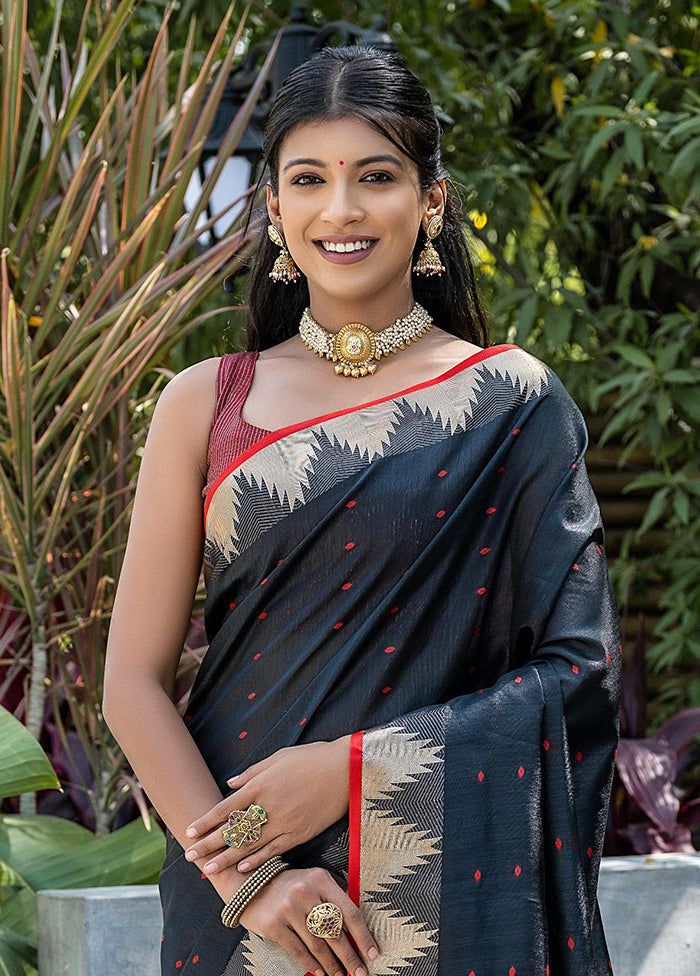 Black Tussar Silk Saree With Blouse Piece