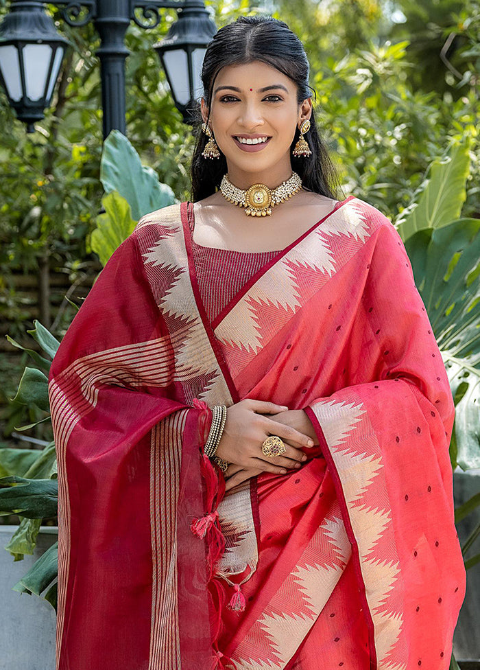 Coral Tussar Silk Saree With Blouse Piece