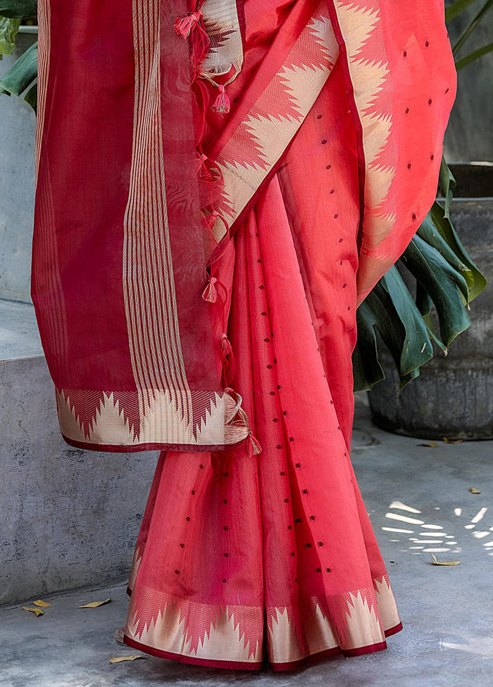 Coral Tussar Silk Saree With Blouse Piece